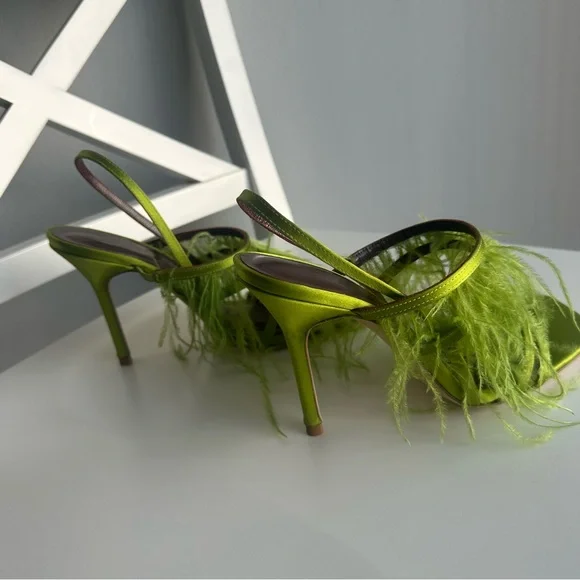 NWOT Staud Anise Feather-Trimmed Satin Heeled Sandals in Lime Green Size EU 36 - Picture 11 of 14